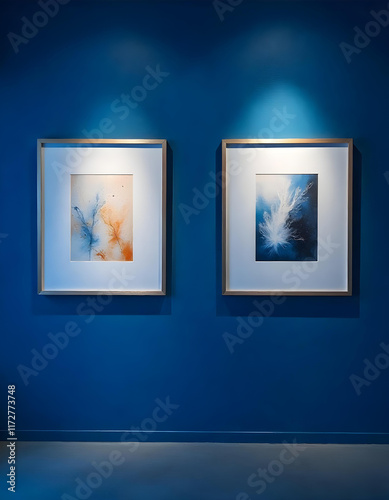 Two framed artworks in wooden frames on the blue wall of the gallery