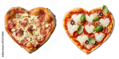 Set of pizzas in heart shapes, flat lay cutout, isolated against a transparent png background