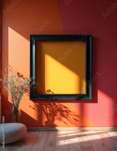 A blank black square frame on the orange wall in a room with home decorations