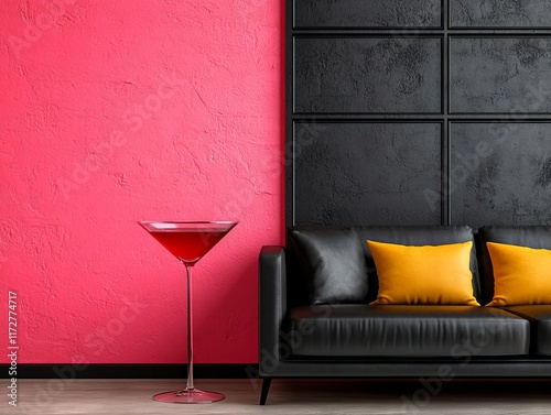 A black couch sitting next to a red wall with a martini glass on it photo