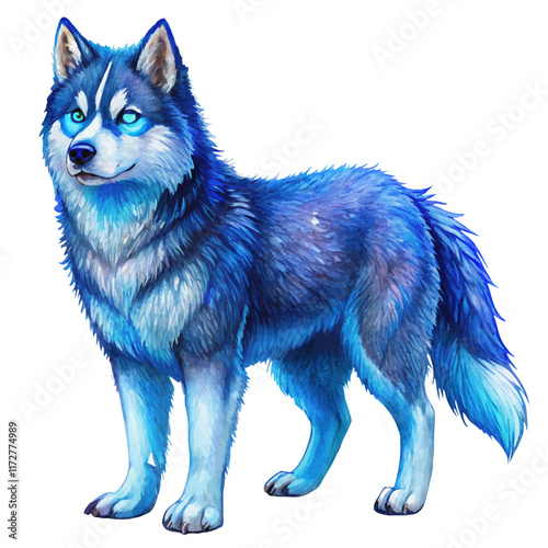 Siberian Husky with striking blue eyes, shown in a full-body pose. The dog’s powerful build and vibrant fur make it perfect for pet illustrations, logos, or digital artwork.