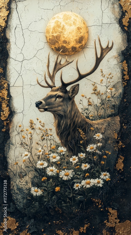 Obraz premium Majestic deer under full moon serene landscape artistic illustration nature close-up wildlife beauty