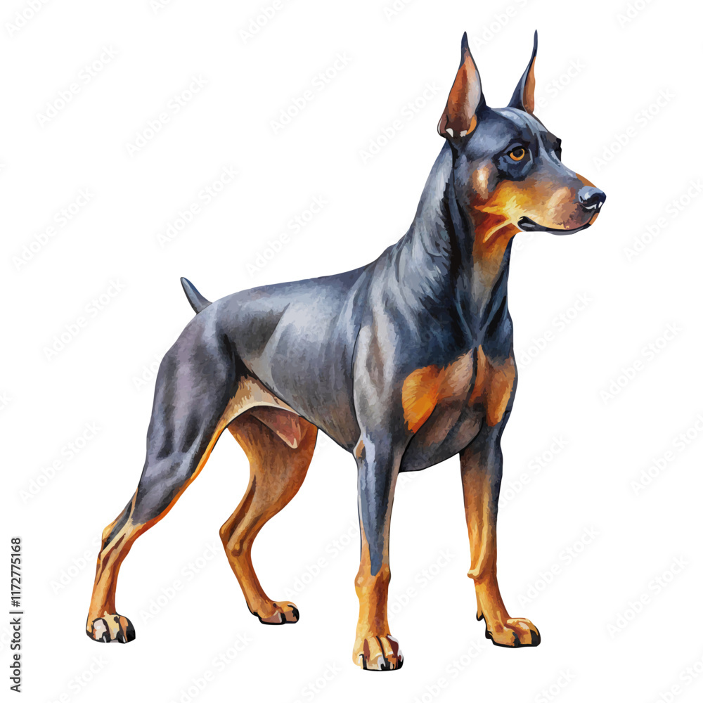 Doberman with smooth fur, depicted in a full-body pose. The dog’s sleek and muscular build is showcased, reflecting its strength and elegance. Ideal for pet illustrations, logos, or digital artwork. Doberman with smooth fur, depicted in a full-body pose. The dog’s sleek and muscular build is showcased, reflecting its strength and elegance. Ideal for pet illustrations, logos, or digital artwork.