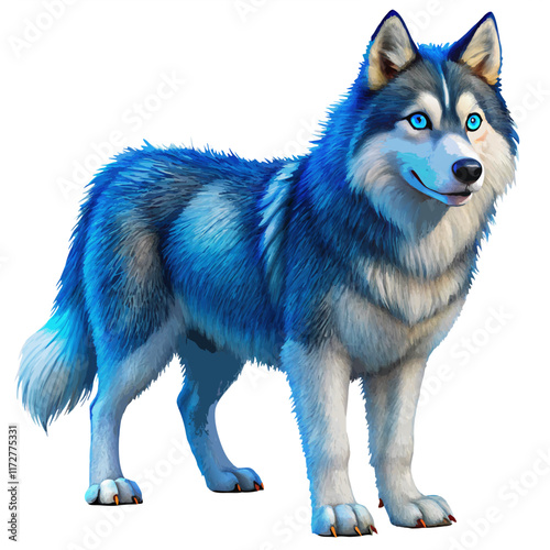 Siberian Husky with striking blue eyes, shown in a full-body pose. The dog’s powerful build and vibrant fur make it perfect for pet illustrations, logos, or digital artwork.