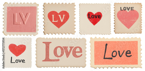 Set of vintage tattered worn love stamps, valentines day love scrapbooking, paper crafting, hearts, flat lay, isolated against a transparent background