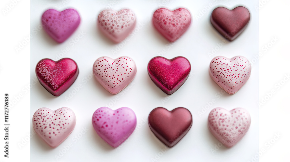 Delightful pink and red hearts arranged on bright white background Delightful pink and red hearts arranged on bright white background