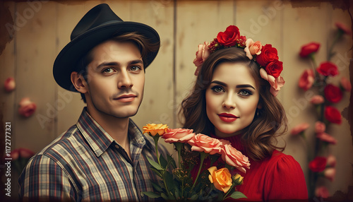 Rustic vintage love portrait, flowers symbol of love and tenderness. Old fashioned creative abstract concept, retro people posing for photo., retro style, with white tones photo