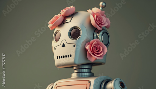 3d vintage robot with bouquet pinkish brown, one line art, with white tones photo