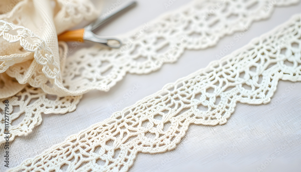 Fototapeta premium vintage lace trims and sewing kit, close-up, with white tones