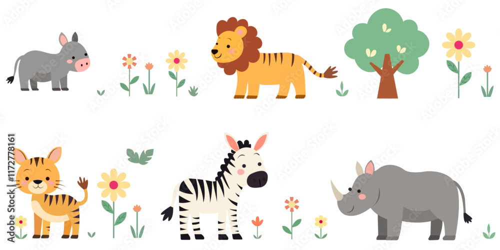Obraz premium Cute Animals. Tiger. Zebra. Lion. Tree. Flower.