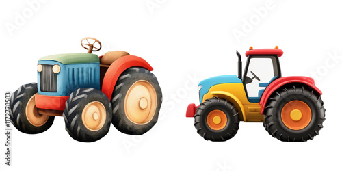 Colorful tractors with oversized wheels, perfect for playful designs photo