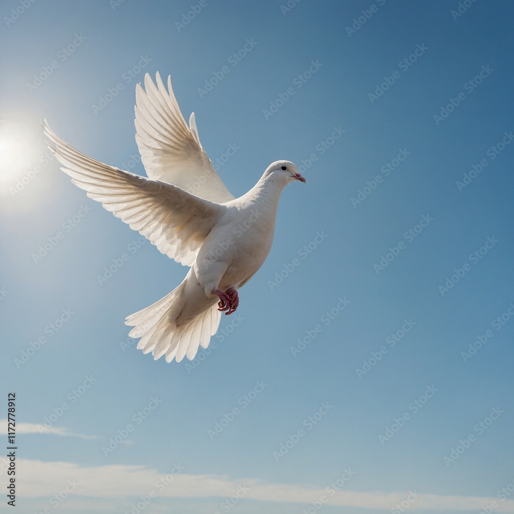 Fototapeta premium A white dove gently soaring across a pristine, cloudless sky with a soft, white background.