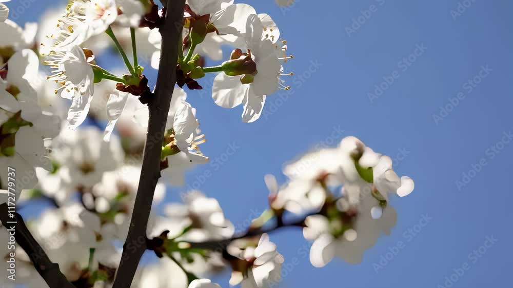 Blossoming Cherry Trees in Spring Showcase Vibrant White Flowers Against a Clear Blue Sky Blossoming Cherry Trees in Spring Showcase Vibrant White Flowers Against a Clear Blue Sky