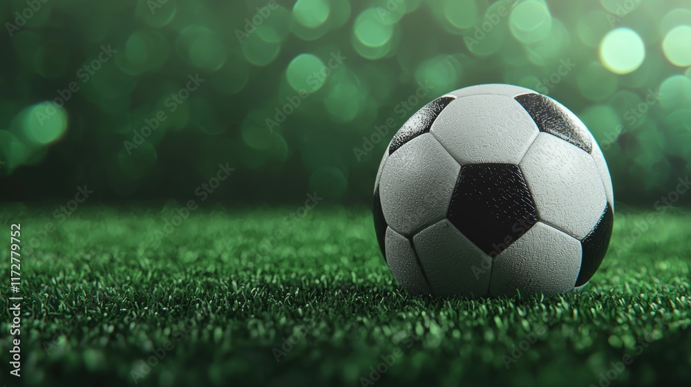Obraz premium Close-Up View of Soccer Ball on Green Grass with Bokeh Background