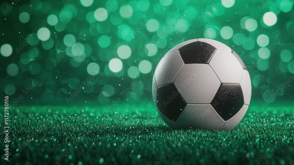 Naklejka premium Soccer Ball on Green Grass with Bokeh Background and Glitter Effects