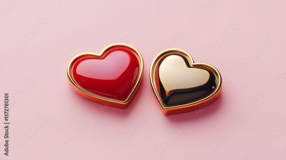 Fototapeta premium Black and Red Heart on Pink Background. Valentine's day concept. Two Valentines