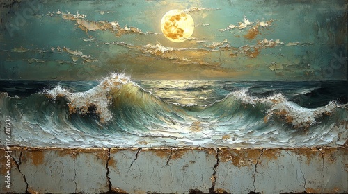 Surging waves under moonlit sky coastal scene digital art serene environment aerial view nature's beauty