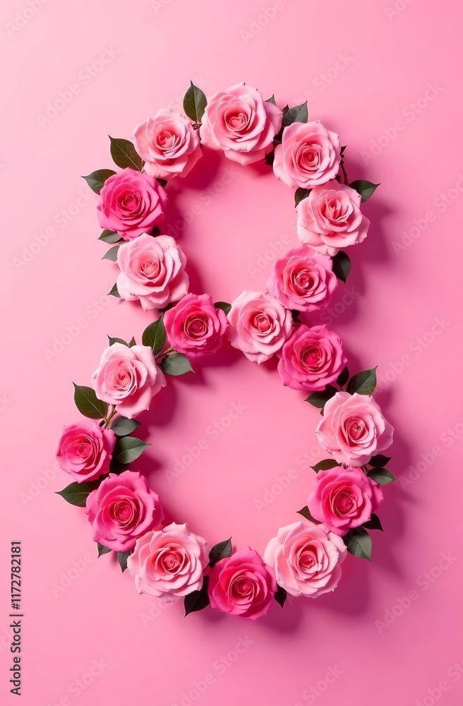 8 March. International Women's Day. Floral number 8, pink background 8 March. International Women's Day. Floral number 8, pink background