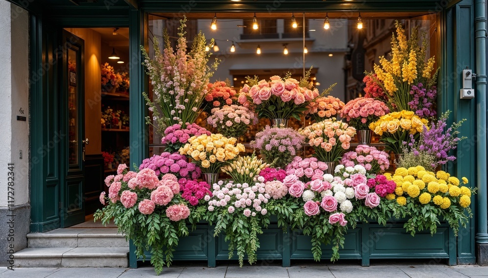 Fototapeta premium Flower shop window display filled with colorful blooms and greenery