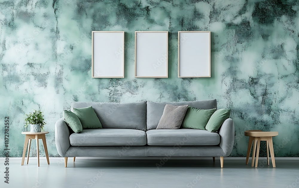 Grey sofa in living room with green wall, mock-up frames, design inspiration. Grey sofa in living room with green wall, mock-up frames, design inspiration.