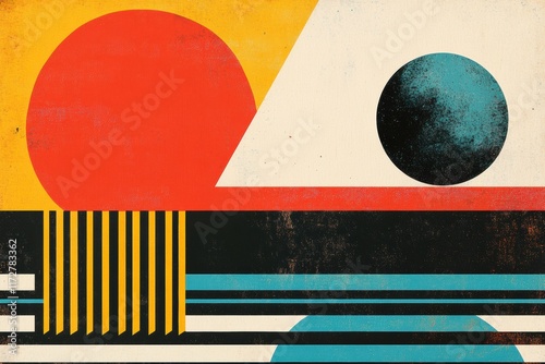 Retro risograph style artwork featuring geometric shapes and bold colors in a balanced composition. Generative AI photo