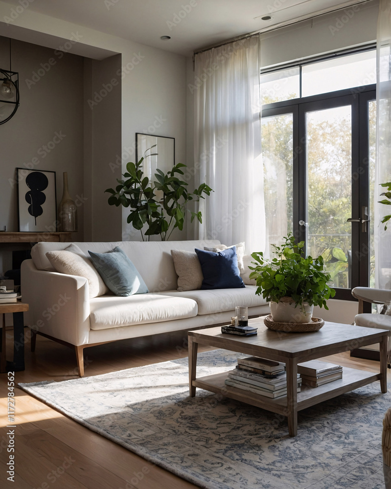 Fototapeta premium Stylish and welcoming traditional living room with a neutral color couch large windows and a beautiful rug beneath the furniture