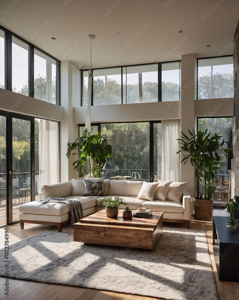 Fototapeta premium Timeless traditional interior design with a neutral sofa large windows for natural light and a decorative rug under the furniture