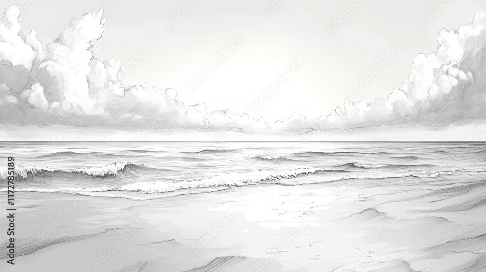 Serene Seascape Sketch Clouds Waves Beach Sand Serene Seascape Sketch Clouds Waves Beach Sand