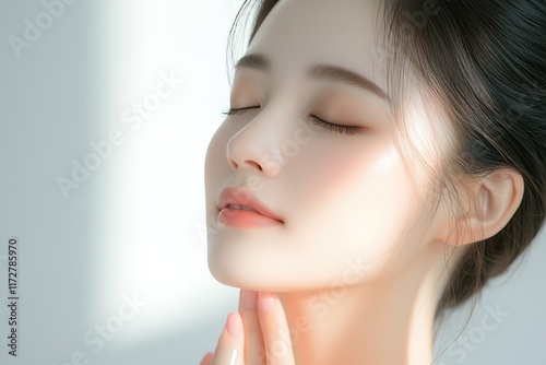 Close-Up Portrait of Japanese Woman Model with Bare Skin for Beauty and Skincare Advertisement, Isolated on White Background