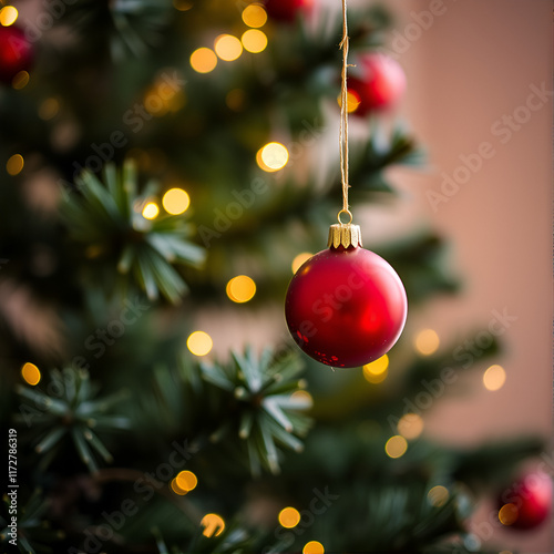 Chirstmas tree and lights and background. gold Red bobble decoration photo