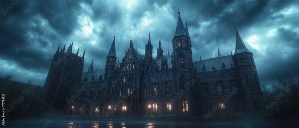 Fototapeta premium Dark gothic mansion under stormy skies at night with illuminated windows revealing a mysterious ambiance