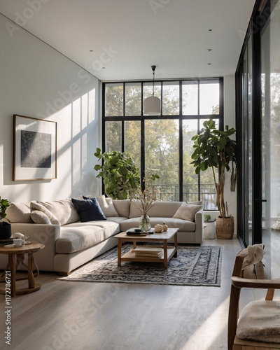 Traditional living room setup with a neutral color couch ample sunlight from large windows and a luxurious rug under the seating