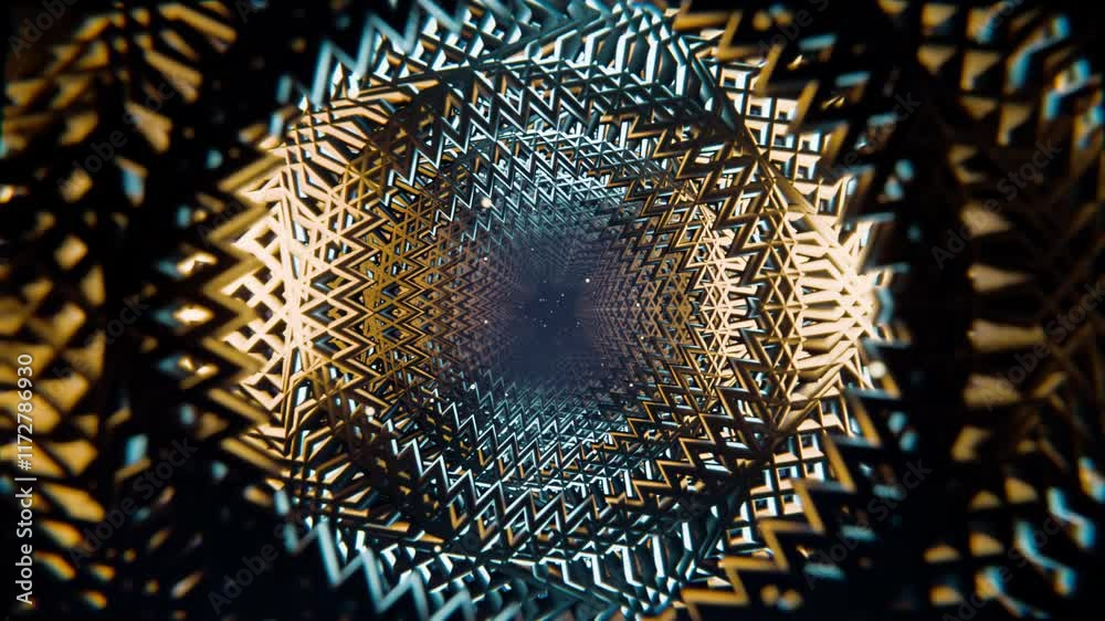A 3D abstract design features golden geometric shapes