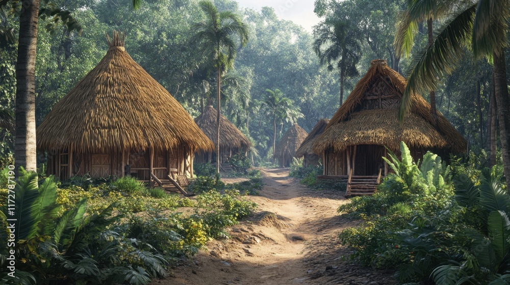 Rustic thatched huts nestled in a tropical forest, showcasing traditional architecture in harmony with nature Rustic thatched huts nestled in a tropical forest, showcasing traditional architecture in harmony with nature