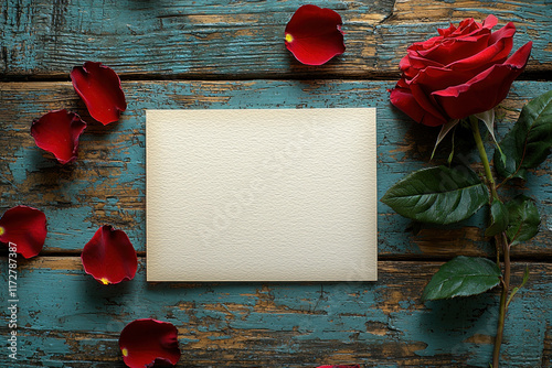 Blank card, red rose, petals on rustic blue wood table, background for love message photo