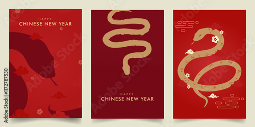 Happy Chinese new year 2025 set background vector. Modern luxury year of the snake design with oriental Chinese pattern, could and flower. For cover, banner, website, card