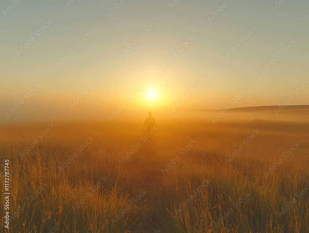 Solitary figure walking towards sunset in foggy field. Solitary figure walking towards sunset in foggy field.