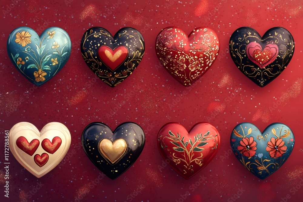 Fototapeta premium Eight heart shaped objects with various colors and floral decorations, celebrating love and affection on valentine's day