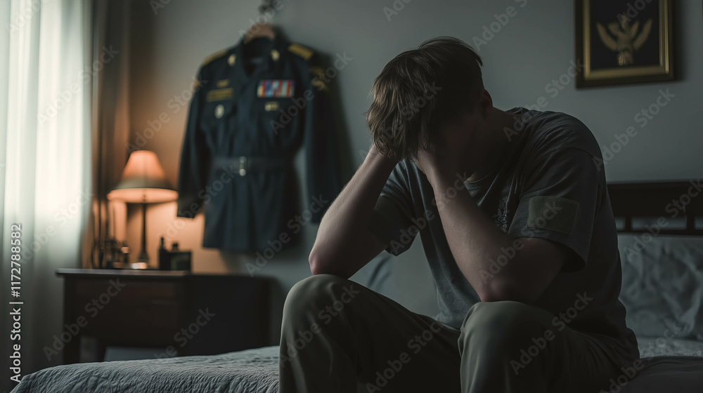 Fototapeta premium emotional photo of a young man sitting on the edge of a bed, his head in his hands, expressing stress and contemplation. Behind him, a neatly hung military uniform, military problems, ptsd, regret