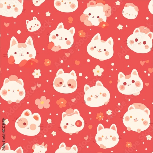 Cute white cats and flowers seamless pattern on red background