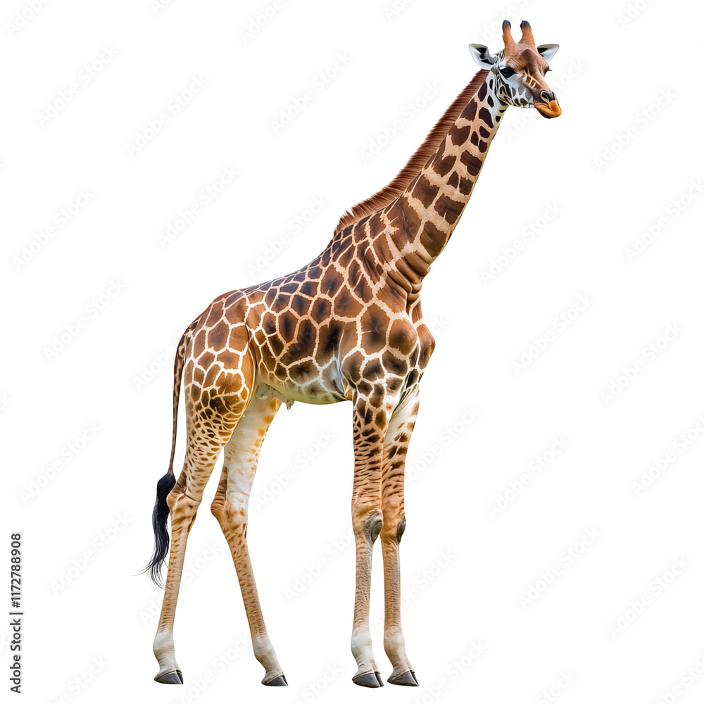 Naklejka premium Giraffe with a Long Neck: A tall giraffe, reaching great heights with its long neck and patterned coat, stands gracefully against a bright background.