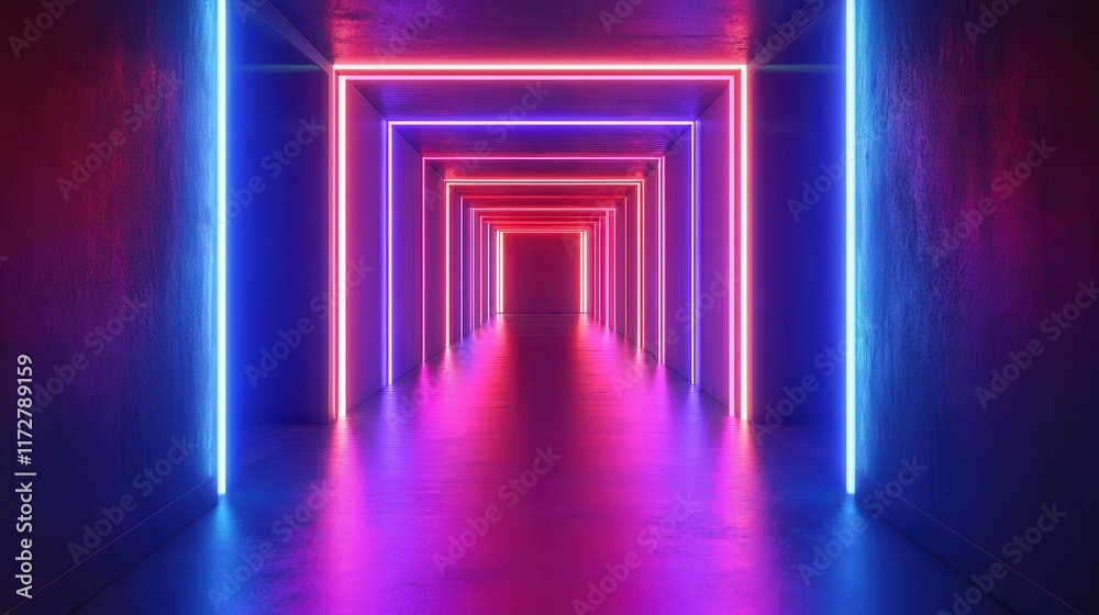 Colorful neon hallway lit with pink and blue lights creates a modern and vibrant atmosphere in the urban setting Colorful neon hallway lit with pink and blue lights creates a modern and vibrant atmosphere in the urban setting