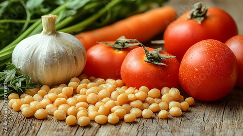 Fresh garlic, tomatoes, carrots, peas, and herbs on wood.