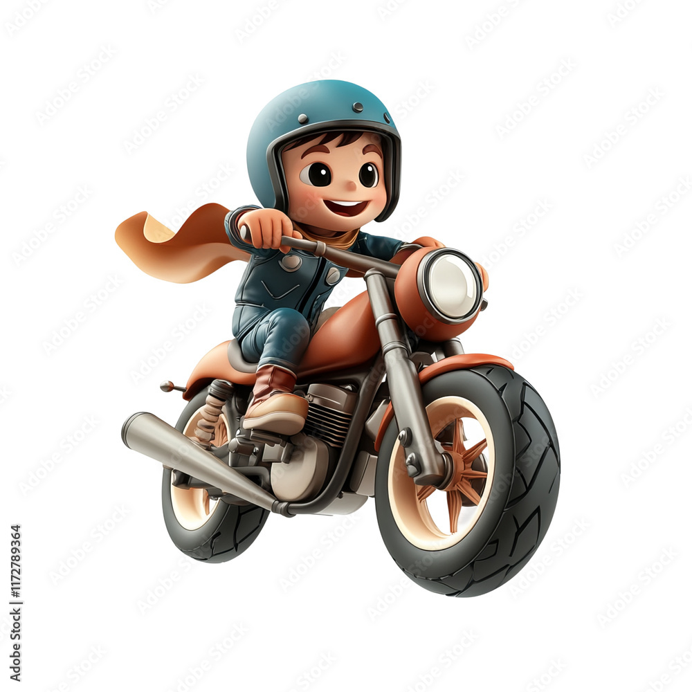 cartoon boy riding a motorcycle isolated on a white background