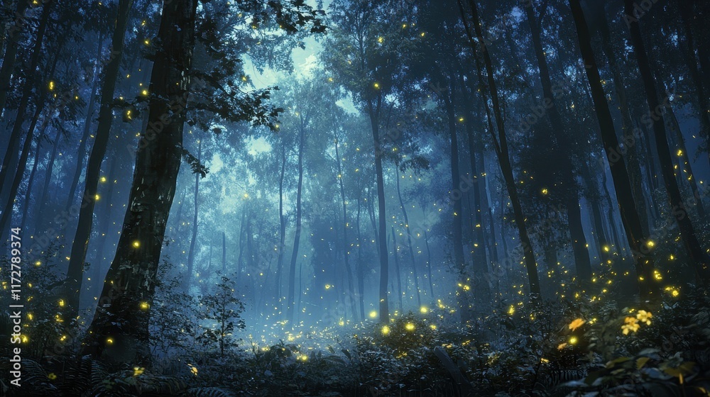 Obraz premium Majestic forest illuminated by fireflies during a mystical twilight hour in a serene natural setting
