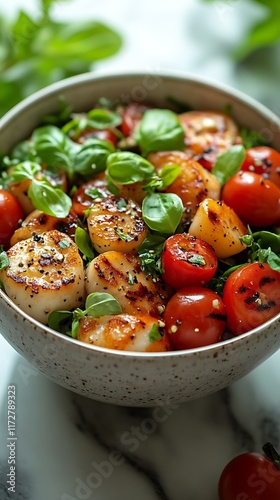 Grilled scallops and cherry tomatoes salad in bowl.
