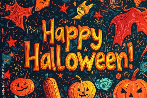 Colorful Halloween illustrations feature pumpkins, bats, and ghostly elements surrounding a cheerful greeting. This artwork captures the excitement and fun of the spooky season. photo