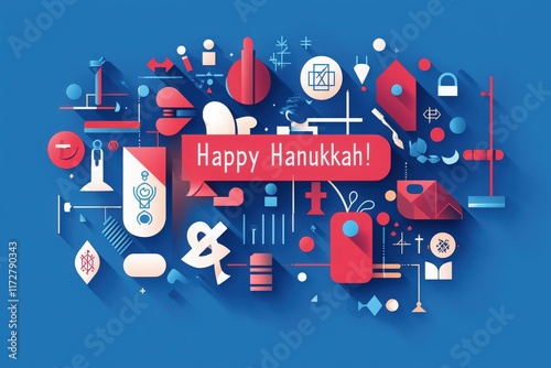 Bright and vibrant composition showcases various symbols associated with Hanukkah, including menorahs and dreidels, against a blue background. The central message wishes everyone a happy Hanukkah. photo