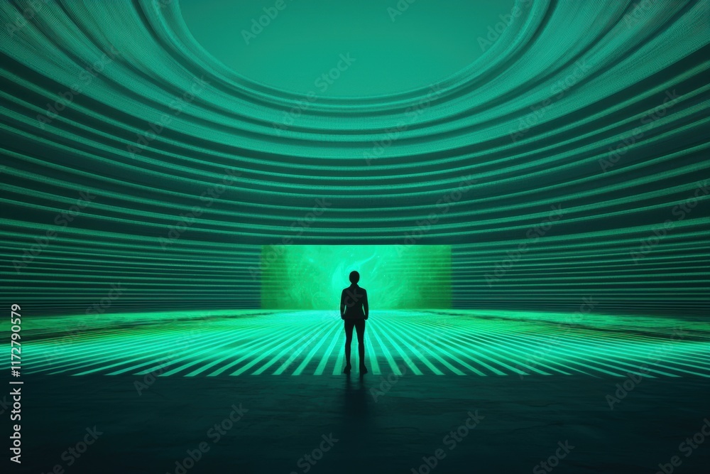 Person Standing in Futuristic Space with Green Light Patterns Person Standing in Futuristic Space with Green Light Patterns