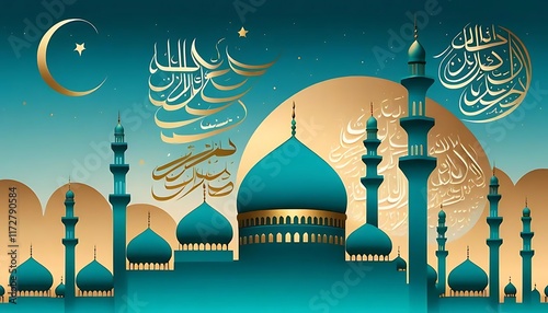 Majestic Mosque at Night with Islamic Calligraphy photo